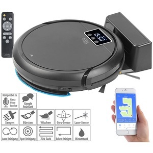 Sichler Haushaltsgeräte, Staubsauger-Roboter mit Wischfunktion, 2in1-Staubbehälter, WLAN & App, Staubsauger-Roboter mit Wischfunktion, 2in1-Staubbehälter, WLAN & App
