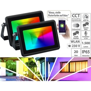 Luminea Home Control, 2er-Set WLAN-RGB-CCT-Fluter, 1.500 lm, 20 W, IP65, mit Sprachsteuerung, 2er-Set WLAN-RGB-CCT-Fluter, 1.500 lm, 20 W, IP65, mit Sprachsteuerung