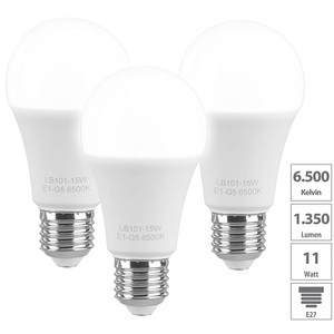 Luminea, 3er-Set LED-Lampen, tageslichtweiß, 6500 K, E27, 15 W, 1.350 Lumen, A+