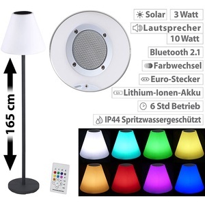 Lunartec, Lunartec Solar-LED-Stehleuchte, Lautsprecher, Bluetooth, 7 Farben, 50 lm, 2,4 W, Solar-LED-Stehleuchte, Lautsprecher, Bluetooth, 7 Farben, 50 lm, 2,4 W