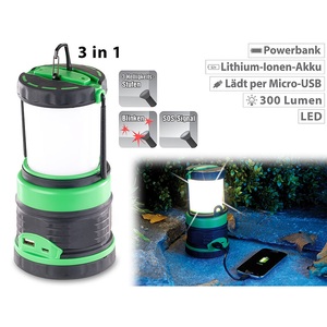 Lunartec, Lunartec 3in1-LED-Akku-Campinglaterne mit Deckenlicht und Powerbank, 3.600 mAh, 3in1-LED-Akku-Campinglaterne mit Deckenlicht und Powerbank, 3.600 mAh