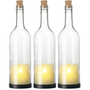 Lunartec, Lunartec 3er-Set Deko-Glasflasche mit LED-Kerze und beweglicher Flamme, Timer, 3er-Set Deko-Glasflasche mit LED-Kerze und beweglicher Flamme, Timer