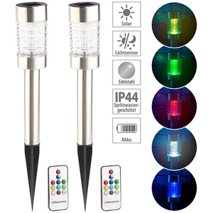 Lunartec, Lunartec 2er-Set Solar-RGB-LED-Wegeleuchte mit Lichtsensor & Fernbedienung IP44, 2er-Set Solar-RGB-LED-Wegeleuchte mit Lichtsensor & Fernbedienung IP44