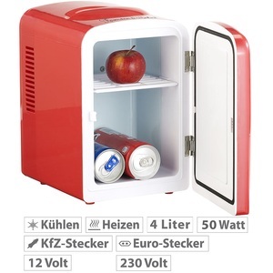 Rosenstein & Söhne, Rosenstein & Söhne Mini-Kühlschrank mit Warmhalte-Funktion, 4 Liter, für 12/230 Volt, rot, Mini-Kühlschrank mit Warmhalte-Funktion, 4 Liter, für 12/230 Volt, rot