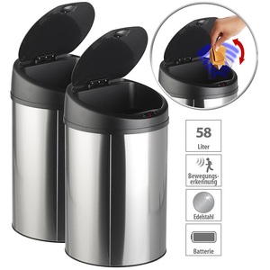 Sichler Haushaltsgeräte, 2er-Set Abfalleimer, Hand-Bewegungssensor, Edelstahl-Korpus, 58 Liter, 2er-Set Abfalleimer, Hand-Bewegungssensor, Edelstahl-Korpus, 58 Liter
