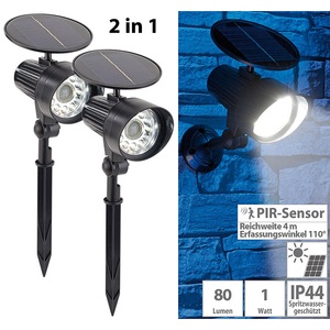 Royal Gardineer, 2er-Set 2in1-Solar-LED-Wand- und Wegeleuchten mit Licht- & PIR-Sensor