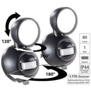 Luminea, 2er-Set kabellose LED-Außenleuchten, PIR-Bewegungsmelder, 1 W, 80lm