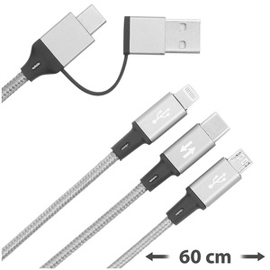 Callstel, Callstel 3in1-Schnellladekabel: Micro-USB, USB Typ C & Lightning, Textil, 60 cm, 3in1-Schnellladekabel: Micro-USB, USB Typ C & Lightning, Textil, 60 cm