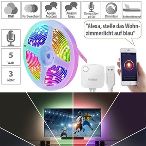 Luminea Home Control, USB-RGB-LED-Streifen mit WLAN, App, Sound- & Sprachsteuerung, 3 m / Led Streifen, USB-RGB-LED-Streifen mit WLAN, App, Sound- & Sprachsteuerung, 3 m