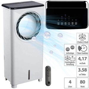Sichler Haushaltsgeräte, Rotorloser 3in1-Stand-Luftkühler mit 4 Liter Wassertank, 3 Modi, 80 W, Rotorloser 3in1-Stand-Luftkühler mit 4 Liter Wassertank, 3 Modi, 80 W
