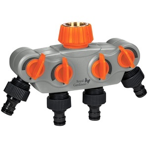 Royal Gardineer, Regulierbarer 4-fach-Garten-Wasserverteiler mit Metall-Anschluss / Wasserverteiler, Regulierbarer 4-fach-Garten-Wasserverteiler mit Metall-Anschluss