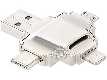 Callstel, Callstel microSD-Kartenleser mit Lightning-, Micro-USB- & USB-Stecker Typ A & C, microSD-Kartenleser mit Lightning-, Micro-USB- & USB-Stecker Typ A & C