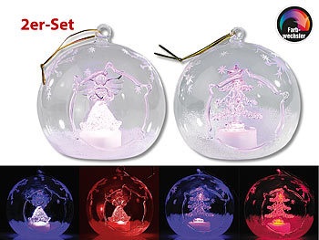 Lunartec, Lunartec Mundgeblasene LED-Glas-Ornamente in Kugelform, 2er-Set, Mundgeblasene LED-Glas-Ornamente in Kugelform, 2er-Set