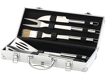 Rosenstein & Söhne, Rosenstein & Söhne Edelstahl-Grillbesteck im Aluminium-Koffer, Edelstahl-Grillbesteck im Aluminium-Koffer
