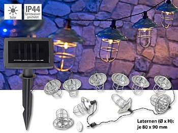 Lunartec, Lunartec Solar-LED-Lichterkette mit 10 Metall-Laternen, warmweiss, IP44, 1,6 m, Solar-LED-Lichterkette mit 10 Metall-Laternen, warmweiß, IP44, 1,6 m