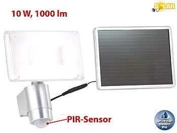 Luminea, Luminea Solar-LED-Strahler aus Aluminium mit PIR-Sensor, 10 W, 1.000 lm, IP44, Solar-LED-Strahler aus Aluminium mit PIR-Sensor, 10 W, 1.000 lm, IP44