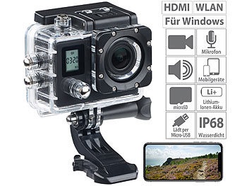 Somikon, Somikon Einsteiger-4K-Action-Cam, WLAN, 2 Displays, Full HD 60 B./Sek., IP68, Einsteiger-4K-Action-Cam, WLAN, 2 Displays, Full HD 60 B./Sek., IP68