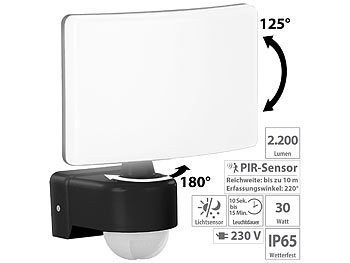 Lunartec, LED-Aussenstrahler mit PIR-Bewegungssensor, 2.200 lm, weiss, 30 W, IP65 / Led Strahler, LED-Außenstrahler mit PIR-Bewegungssensor, 2.200 lm, weiß, 30 W, IP65