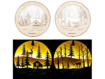 Lunartec, 2er-Set weihnachtliche LED-Echtholzbilder, warmweiss, Batteriebetrieb, 2er-Set weihnachtliche LED-Echtholzbilder, warmweiss, Batteriebetrieb