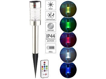 Lunartec, Lunartec Solar-RGB-LED-Wegeleuchte, Lichtsensor, Fernbedienung, Edelstahl, IP44, Solar-RGB-LED-Wegeleuchte, Lichtsensor, Fernbedienung, Edelstahl, IP44