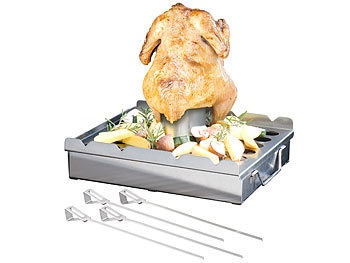 Rosenstein & Söhne, Rosenstein & Söhne 5in1-Grill-Aufsatz aus Edelstahl, 4 Spiesse, für Hähnchen, Gemüse & Co., 5in1-Grill-Aufsatz aus Edelstahl, 4 Spiesse, für Hähnchen, Gemüse & Co.