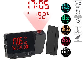 Infactory, infactory Funk-Wetterstation mit Projektions-Wecker, Aussensensor & USB, schwarz, Funk-Wetterstation mit Projektions-Wecker, Außensensor & USB, schwarz