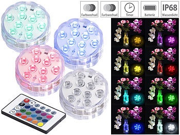 Lunartec, Lunartec 4er-Set RGB-LED-Unterwasserleuchten mit Fernbedienung, Timer, IP68, 4er-Set RGB-LED-Unterwasserleuchten mit Fernbedienung, IP68