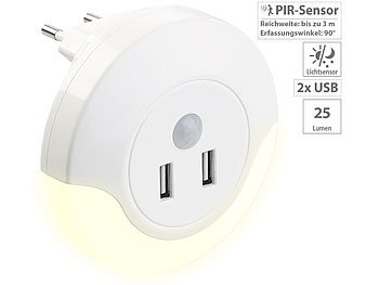 Luminea, Luminea LED-Steckdosen-Nachtlicht mit PIR- und Lichtsensor, 2x USB (10 Watt), LED-Steckdosen-Nachtlicht mit PIR- und Lichtsensor, 2x USB (10 Watt)