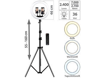 Somikon, XL-LED-Ringlicht mit Smartphone-Halter, Ã? 46 cm, USB-Port, dimmbar / Ringlicht, XL-LED-Ringlicht mit Smartphone-Halter, Ø 46 cm, USB-Port, dimmbar