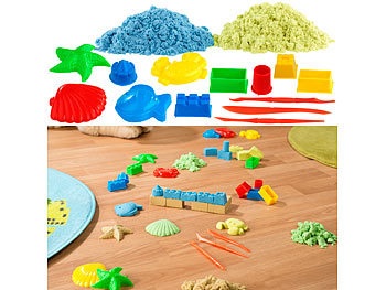 Playtastic, Playtastic Kinetischer Sand in 2 Farben, je 300 g, mit Sand-Formen und Werkzeugen, 2er-Set kinetischer Sand, je 300 g, bunt, mit Sand-Formen und Werkzeug