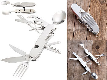 Semptec, Semptec Urban Survival Technology 14in1-Edelstahl-Klappbesteck und Taschenmesser für Camping und Outdoor, 14in1-Edelstahl-Klappbesteck und Taschenmesser für Camping und Outdoor