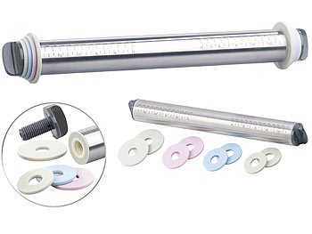 Rosenstein & Söhne, Rosenstein & Söhne Höhenverstellbarer Edelstahl-Teigroller, 4 Paar Abstandsscheiben, 35cm, Höhenverstellbarer Edelstahl-Teigroller, 4 Paar Abstandsscheiben, 35cm