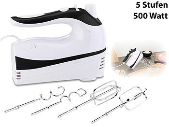 Rosenstein & Söhne, Rosenstein & Söhne Handrührer mit 5 Geschwindigkeiten & Turbo, 4 Haken, bis 500 Watt, Handrührer mit 5 Geschwindigkeiten & Turbo, 4 Haken, bis 500 Watt