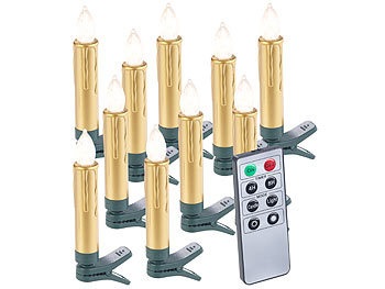 Lunartec, Lunartec 10er-Set LED-Weihnachtsbaum-Kerzen mit Fernbedienung und Timer, gold, 10er-Set LED-Weihnachtsbaum-Kerzen mit Fernbedienung und Timer, gold