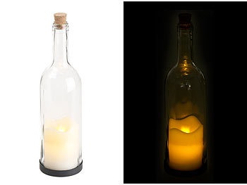 Lunartec, Lunartec Deko-Glasflasche mit LED-Kerze und beweglicher Flamme, Timer, Deko-Glasflasche mit LED-Kerze und beweglicher Flamme, Timer