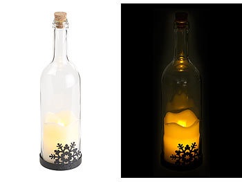 Lunartec, Lunartec Deko-Glasflasche mit LED-Kerze, bewegliche Flamme, Schneeflocken-Motiv, Deko-Glasflasche mit LED-Kerze, bewegliche Flamme, Schneeflocken-Motiv
