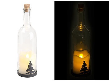 Lunartec, Lunartec Deko-Glasflasche mit LED-Kerze, bewegliche Flamme, Timer, Tannen-Motiv, Deko-Glasflasche mit LED-Kerze, bewegliche Flamme, Timer, Tannen-Motiv