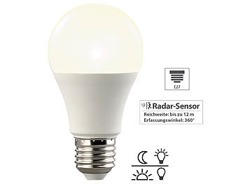 Luminea, Luminea LED-Lampe, Radar-Bewegungs- & Lichtsensor, 10 W, 806 lm, E27, warmweiss, LED-Lampe, Lichtautomatik & Radar-Sensor, 10 W, 806 lm, E27, warmweiss