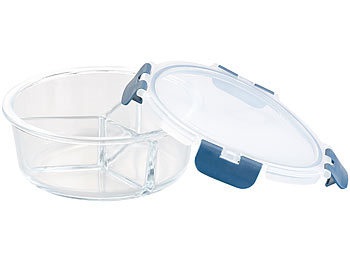 Rosenstein & Söhne, Rosenstein & Söhne Glas-Frischhaltedose mit 3 Kammern, Klick-Deckel, -20 bis 520 °C, rund, Glas-Frischhaltedose mit 3 Kammern, Klick-Deckel, -20 bis 520 °C, rund
