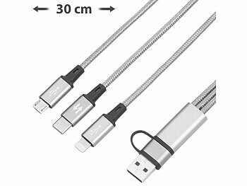 Callstel, Callstel 3in1-Schnellladekabel: Micro-USB, USB Typ C & Lightning, Textil, 30 cm, 3in1-Schnellladekabel: Micro-USB, USB C & Lightning, Textil, 30 cm, 3A