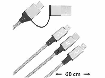 Callstel, Callstel 3in1-Schnellladekabel: Micro-USB, USB Typ C & Lightning, Textil, 60 cm, 3in1-Schnellladekabel: Micro-USB, USB Typ C & Lightning, Textil, 60 cm