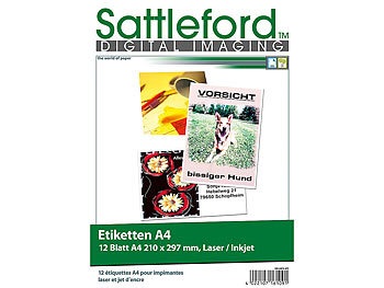 Sattleford, Sattleford 12 Etiketten A4 210x297 mm für Laser/Inkjet, 12 Etiketten A4 210x297 mm für Laser/Inkjet
