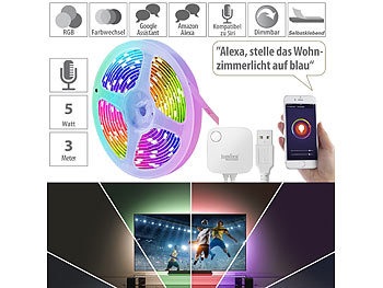 Luminea Home Control, USB-RGB-LED-Streifen mit WLAN, App, Sound- & Sprachsteuerung, 3 m / Led Streifen, USB-RGB-LED-Streifen mit WLAN, App, Sound- & Sprachsteuerung, 3 m