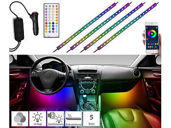 Lescars, 4er-Set Kfz-LED-RGB-Streifen mit Fernbedienung, Bluetooth, App / Led Streifen, 4er-Set Kfz-LED-RGB-Streifen mit Fernbedienung, Bluetooth, App