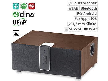Auvisio, auvisio WLAN-Multiroom-Lautsprecher mit Subwoofer, BT, Airplay, 80 W, walnuss, WLAN-Multiroom-Lautsprecher mit Subwoofer, BT, Airplay, 80 W, walnuss