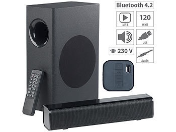 Auvisio, auvisio 2.1-Soundbar, externer Subwoofer, Bluetooth, Fernbedienung, 120 Watt, 2.1-Soundbar, externer Subwoofer, Bluetooth, Fernbedienung, 120 Watt