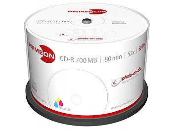 Primeon, Primeon CD-R 700 MB, 52x, photo-on-disc, Inkjet Full Size Printable, 50-Box, Primeon 2761105 CD-R 80 Rohling 700 MB 50 St. Spindel Bedruckbar