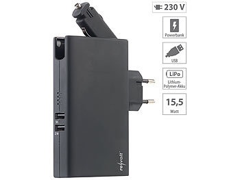 revolt, revolt Powerbank mit 5.000 mAh, 12/24- & 230-V-Stecker, 2x USB, 3,1 A, 15,5 W, Powerbank mit 5.000 mAh, 12/24- & 230-V-Stecker, 2x USB, 3,1 A, 15,5 W