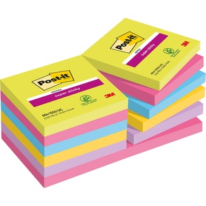 3m, 3M - ™ - Post-it® - Super Sticky Notes 654-12SSUC, Post-it Super Sticky Haftnotizen 76 x 76 mm Farbig Sortiert Quadratisch 12 Stück à 90 Blatt