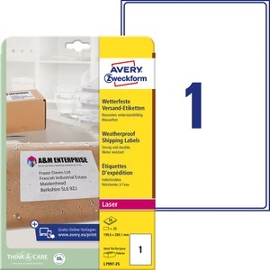 Avery Zweckform, AVERY Zweckform Versandetiketten L7997-25 Weiss A4 199,6 x 289,1 mm 25 Blatt à 1 Etikett Wetterfest, AVERY Zweckform Versandetiketten L7997-25 Weiss A4 199,6 x 289,1 mm 25 Blatt à 1 Etikett Wetterfest